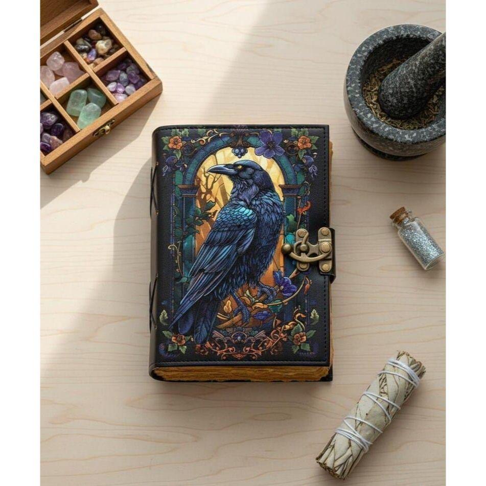 Raven Leather Grimoire - Gothic Book of Shadows, Witchcraft Spell Journal 7 x 5 inch / 100 Page