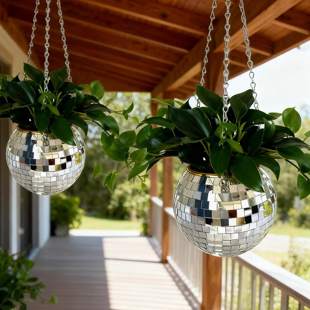 Disco Ball Planter Christmas Pots with Chain Indoor Reflective Mirror Plant Hanger for Living Room Balcony Garden Yard Backyard