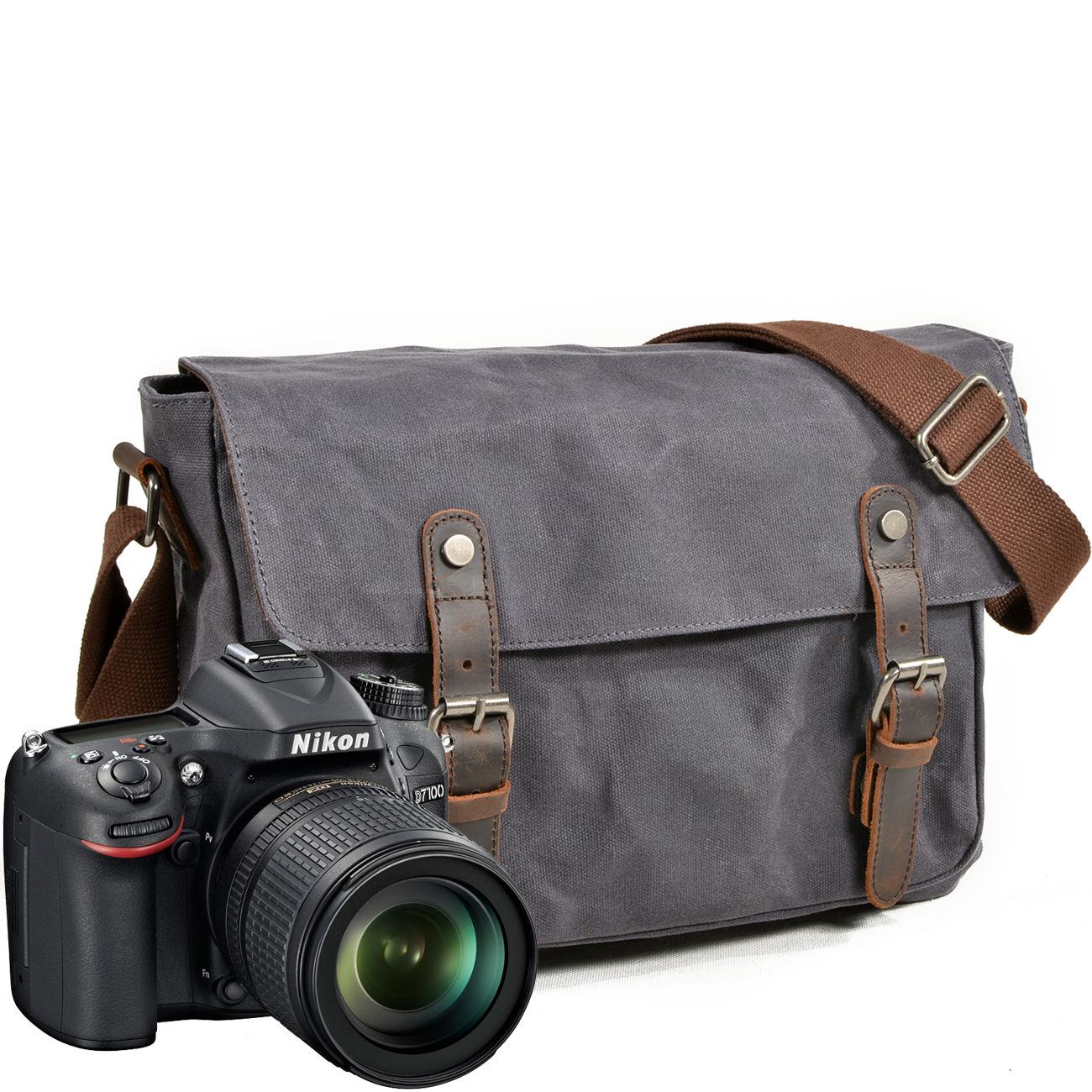 

Men s Oil Wax Canvas and Leather Water-Repellent SLR Camera Shoulder Bag темно-серого