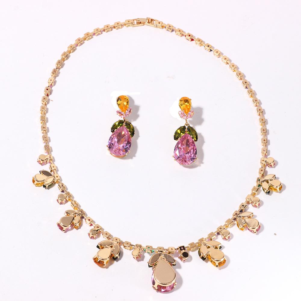Luxury Waterdrop Pendant Jewelry Set Earring Pink Necklace For Women Bridal Wedding Exquisite Fashion Zircon Party Banquet Gift