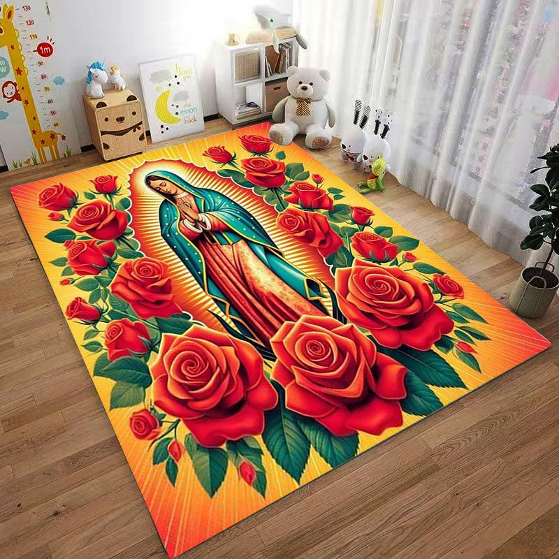 Virgin Mary with Red Roses Carpet Non-slip Rug Suitable for Living Room and Bedroom Sofas