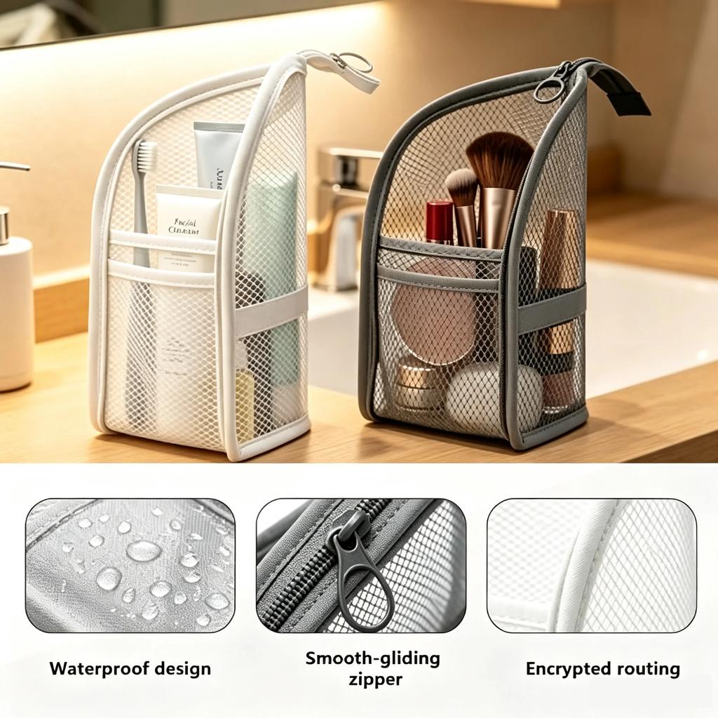 New Portable Standing Mesh Toiletry Bag Waterproof Travel Foldable Toothbrush Cosmetic Organizer Bedroom Bathroom Storage Pouch