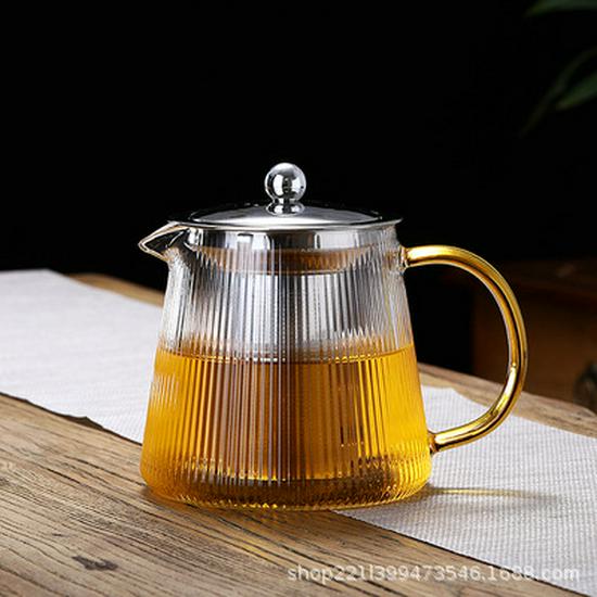 High-Temperature Resistant Glass Teapot with Vertical Pattern and Stainless Steel Filter for Brewing Scented Tea