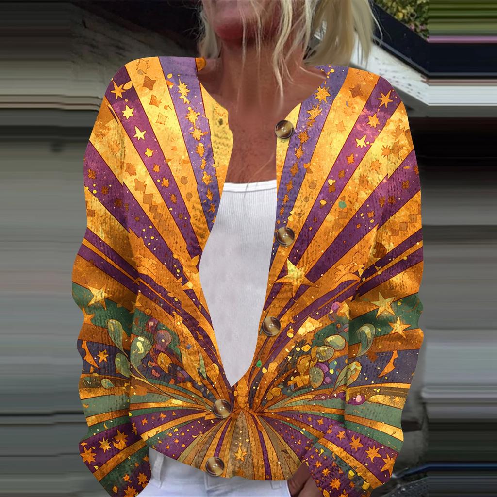 Women's Fashion Printed Long Sleeve Knitted Cardigan Button Down Jacket