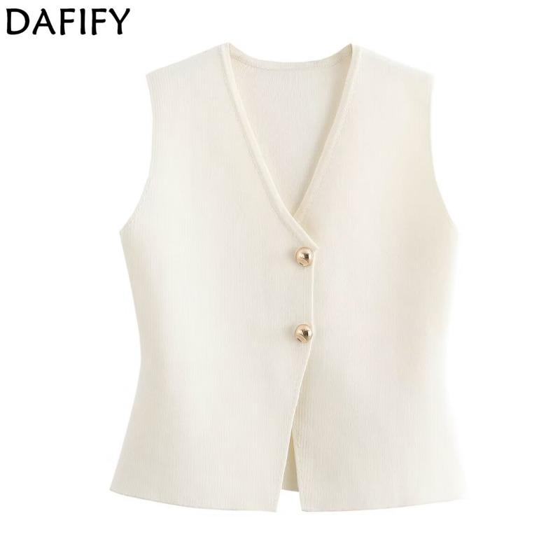 DAFIFY  Women's Fashion Casual Spring Fall Solid Color Print Sleeveless V-Neck Sweaters