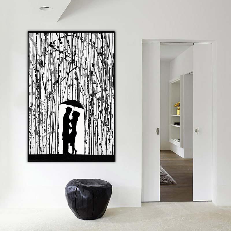 Abstrakter Liebhaber mit Regenschirm unter buntem Regen, Ölgemälde auf Leinwand, Poster und Drucke, Wandkunst für Wohnzimmer, Heimdekoration