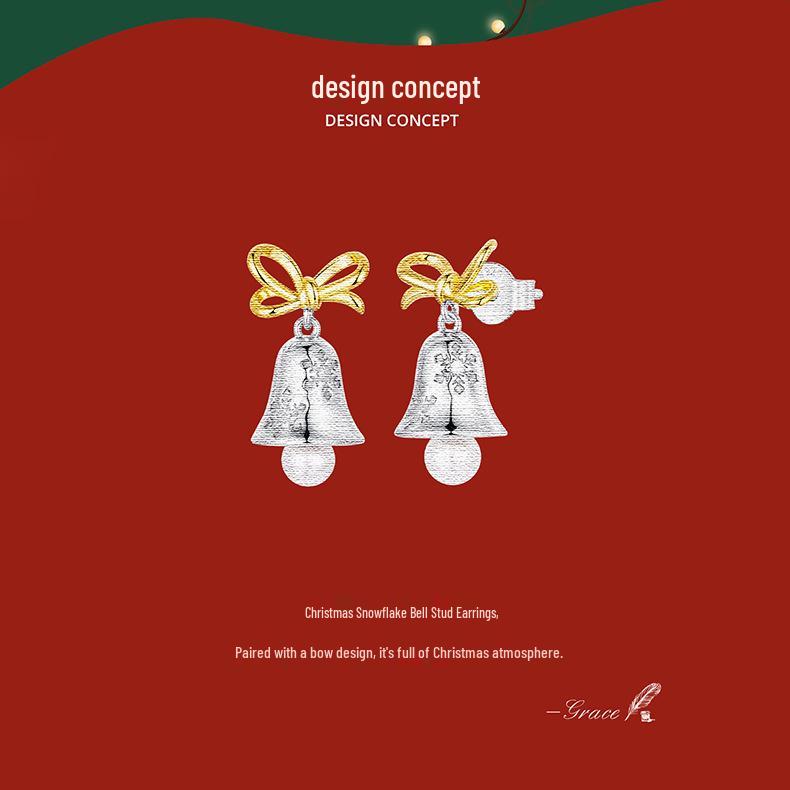 Yinziyun Christmas Snowflake Bell Earrings: S925 Sterling Silver Bow Studs