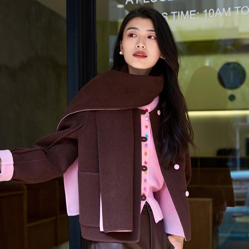 Iveni AEOE752 Scarf Collar Double-Faced Wool Short Coat