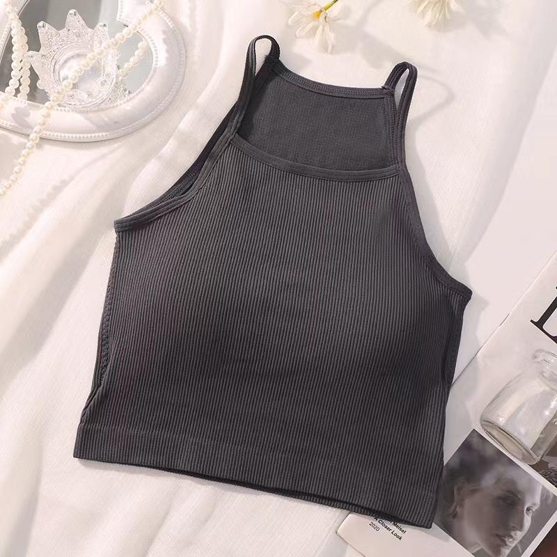 Korean Version Women Tank Tops Thread Solid Casual Fashion Crop Top with Chest Pad Stripe Sleeveless Outer Wear Basic Camisole