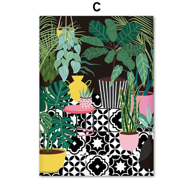 Boho Green Monstera Leaf Leopard Tub Sofa Wall Art Canvas Painting Nordic Posters And Prints Wall Pictures For Living Room Decor