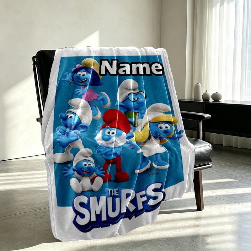 Custom Name Personalized Blue Smurfs Print Blanket, Home Decor, Bedroom, Sofa, Camping, Couch, Gifts for Birthday Christmas