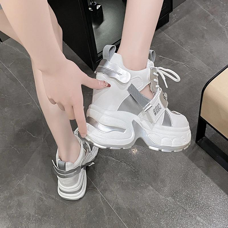 11CM Heels Women Thick Bottom Wedge Sneakers Hollow Out Gladiator Breathable New Summer Shoes Woman Bling Leather Chunky Sandals
