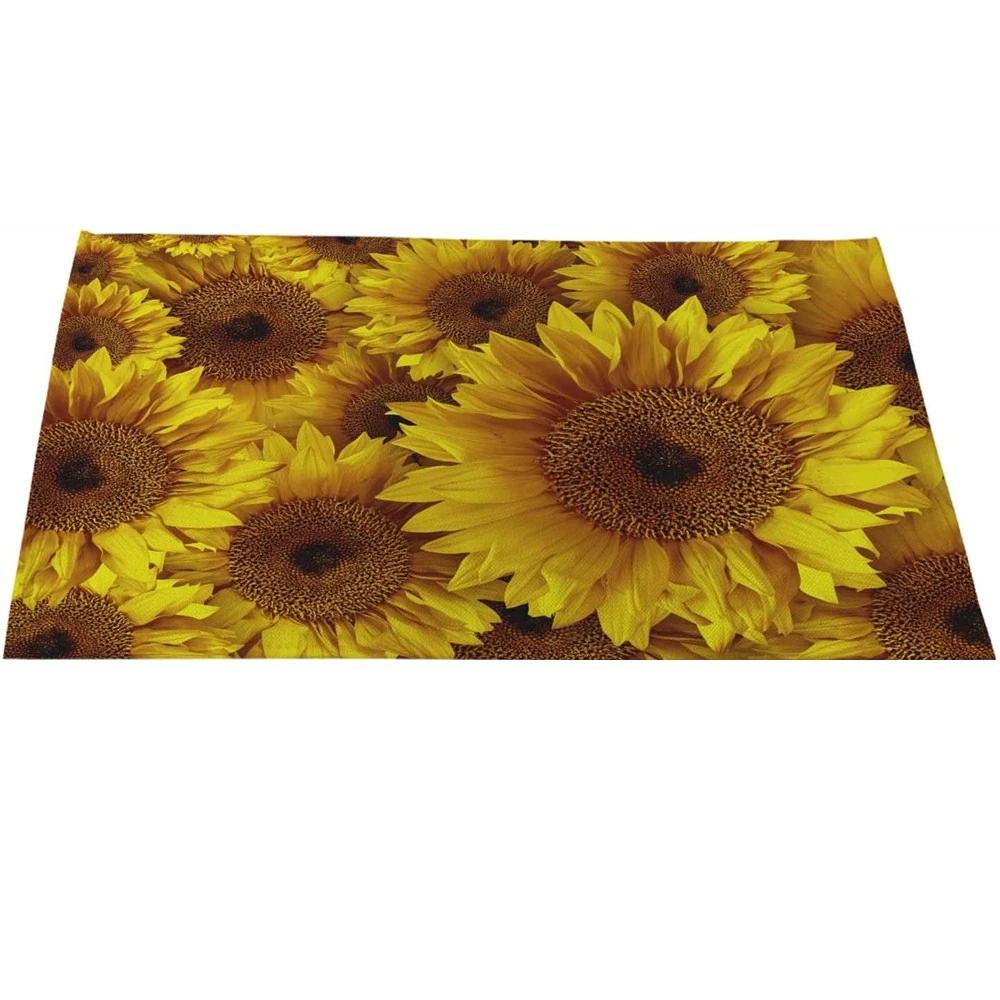 Morandi Floral Sunflower Printing Linen Placemat for Dining Table Drink Coaster Home Decoration Modern Kitchen Cup Pads