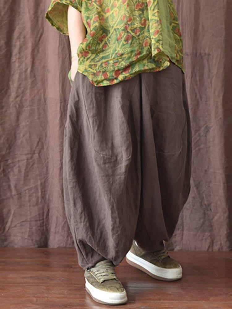 Johnature Women Casual Linen Wide Leg Pants Elastic Waist Solid Color Elastic Waist Trouser Autumn Loose Vintage Pants