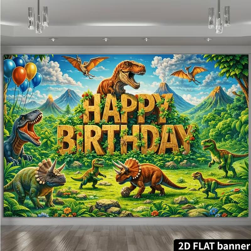 2D Flaches Dinosaurier-Geburtstagsbanner, Jurassic Jungle und Dinosaurier-Szene für Kinderparty