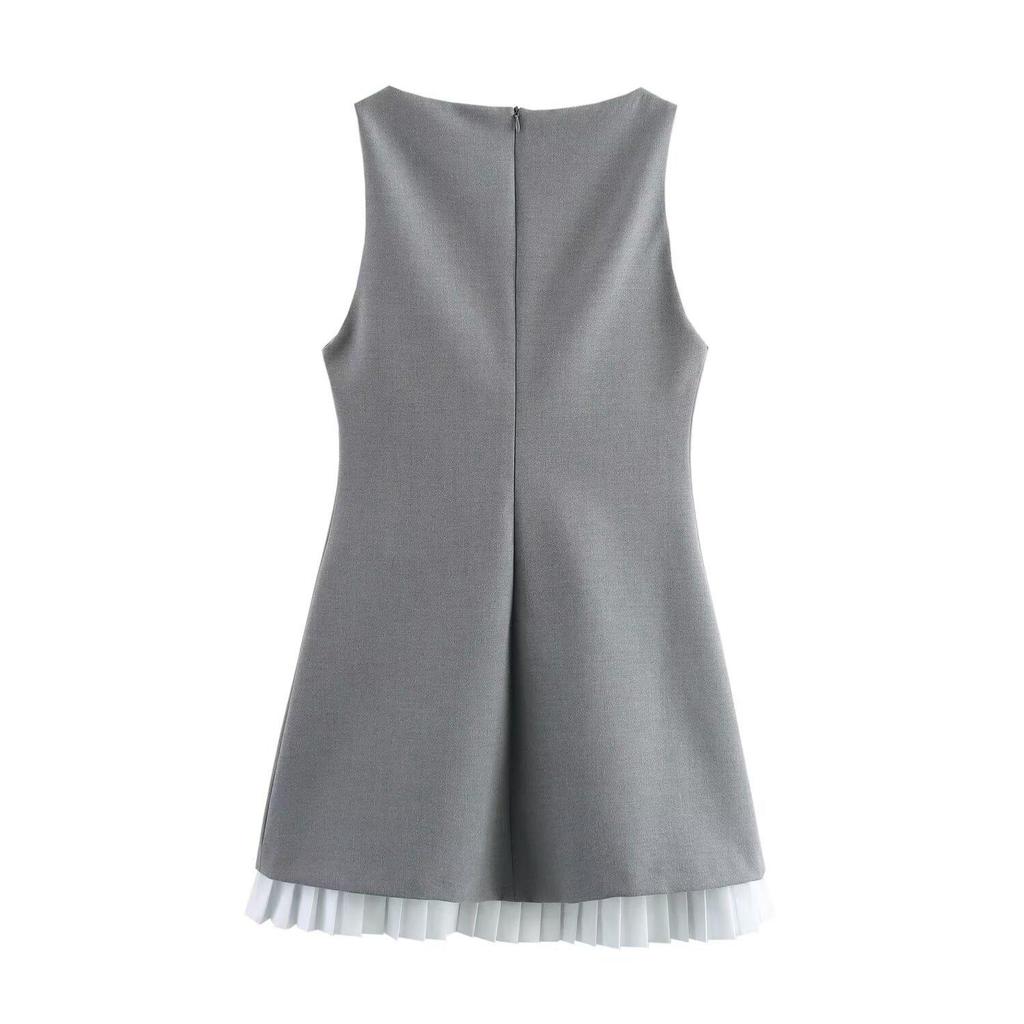 Spring 2025 Women's Slim Fit Color Block Layered Ruched Hem Dress