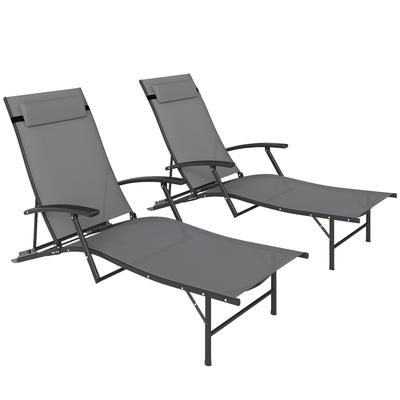 Set of 2 Folding Garden Loungers with 4-Level Adjustable Backrest and Cushion. Grey