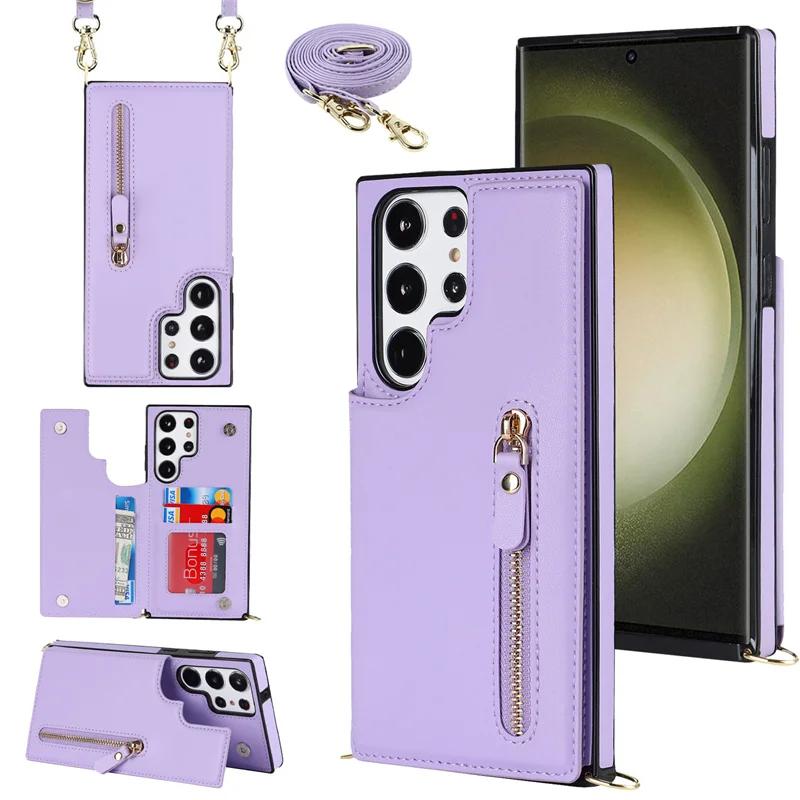 Zipper Wallet with Card Holder CrossbodyPhone Case for Samsung Galaxy S23 S21 S20 FE S24 S22 Plus S25 Ultra Leather Cover