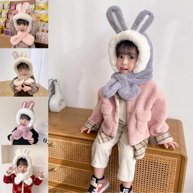 Kids Winter Hat Warm Plush Scarf Hats Thick Earflap Hooded Caps with Rabbit Ears Decoration for Boys Girls Ages 3-8