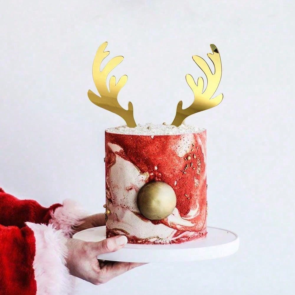 

2pcs/set Gold Acrylic Deer Antler Cake Plug-in for Christmas New Year Birthday Party Cake Topper DIY Decoration Supplies 1set