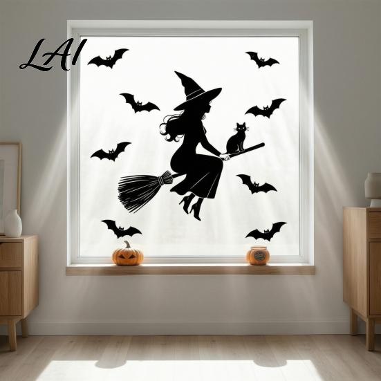 PVC Static Cling Decals Halloween Witch Black Cat Window Stickers Waterproof Silhouette Decals Dark Style Holiday Decoration Removable Wall