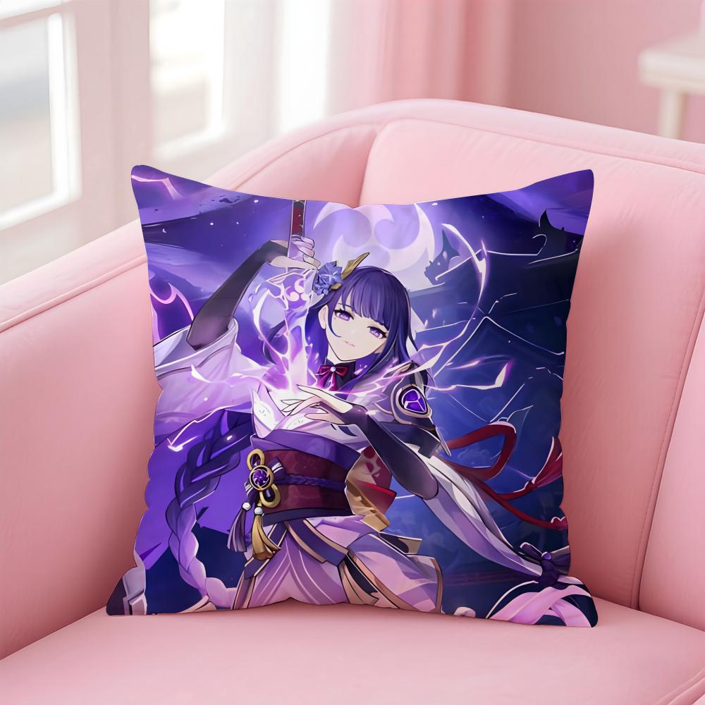 PProject Genshin Impact RRaiden Shogun Icon Cushion Cover Pillowcase Short Plush Invisible zipper Room Sofa Cushion Cover