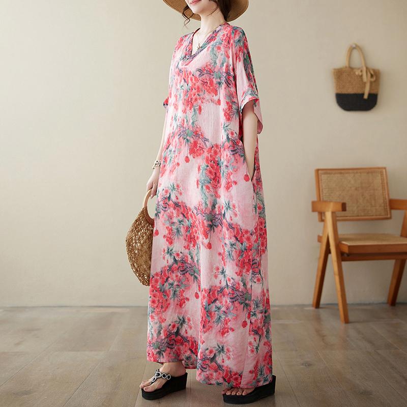 DIMANAF 2024 Plus Size Dress Women Summer V-Neck Sundress Bohemian Floral Print Loose Big Oversize Maxi Dress 9044