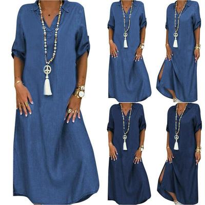 2024 Plus Size Women's Denim Dress - European & American Style, Solid Color