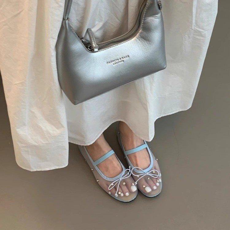 Bow fashion princess shoes soft sole with temperament one word mesh round head rhinestone sweet shallow mouth single shoes flat shoes