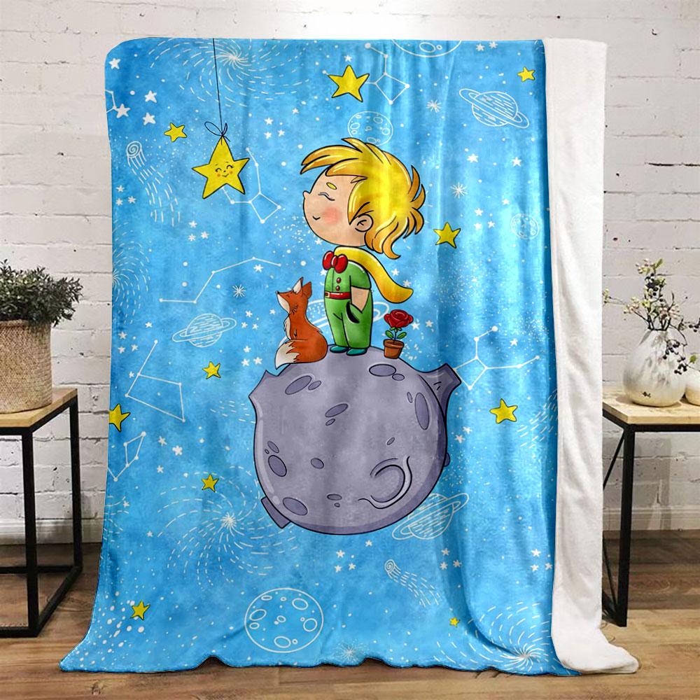 A child and fox on a tiny planet in a whimsical starry sky scene. for all seasons blanket lunch break throw gift