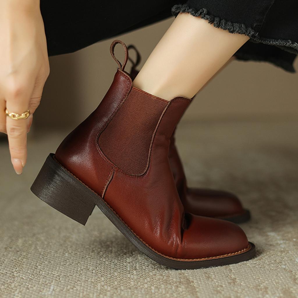 Krazing Pot Cow Skin Autumn Winter Shoes Concise Thick Heels Size 43 Size 42 Chelsea Boots Round Toe Slip on Retro Ankle Boots