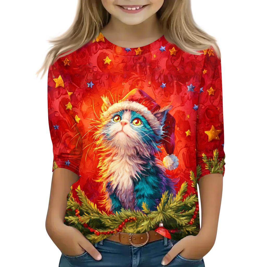 Christmas Day Print Tops For Youth Girls 5-16 Years Round Neck 3/4 Sleeves T-Shirts Trendy Tops Outfit Tees