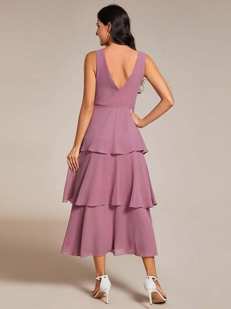 Ever-Pretty Damen Abendkleid mit Stufensaum, Midilänge, Hochzeitsgästekleid, V-Ausschnitt, ärmellos, A-Linie, Chiffon