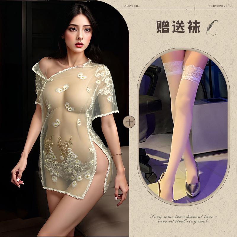 Embroidery embroidery erotic underwear sexy perspective temptation pure desire pajama set Republic of China cheongsam set