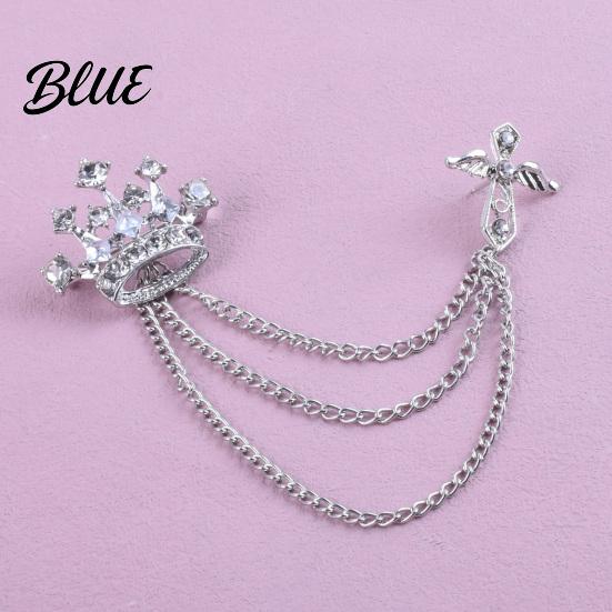 Dark Light Zircon Brooch Men's Pin with Chain British Crown