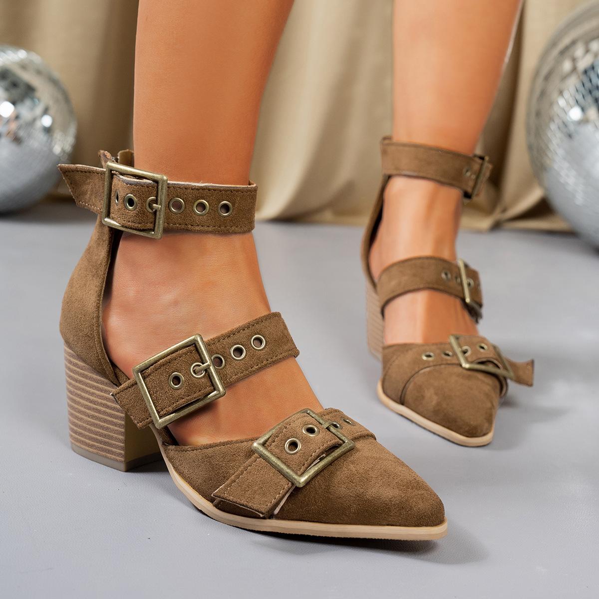 

2025 New Women s Pointed Toe Chunky Heel Single Shoes Thick Heeled Hollow Breathable Buckle Designed Elegant Sandals 36