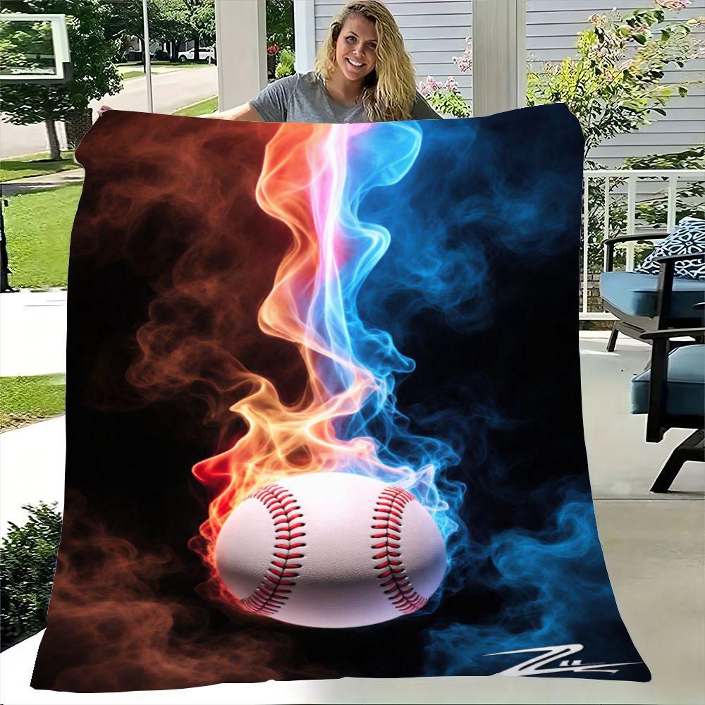 Dynamic Baseball Design Blanket with Vibrant Flames and Smoky Background - Unique Soft Fleece Throw for Sports Lovers, Perfect f