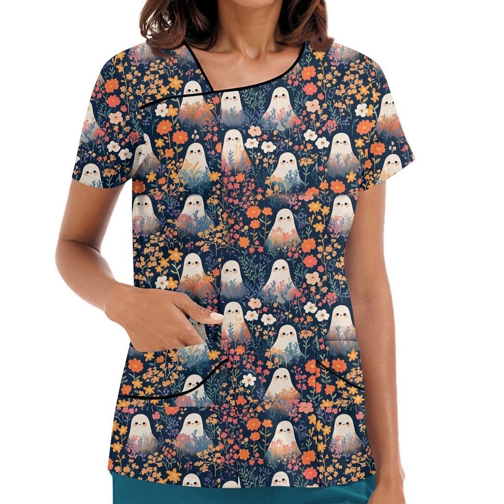 Damen Bedruckte Arbeitskleidung, Schräger Kragen und Doppellagige Taschen, Basic Oberteil Pullover