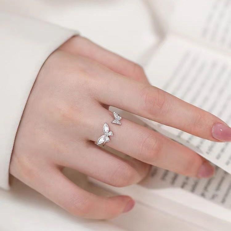 

S925 sterling silver high-end butterfly zircon open ring women s European and American fashion ins personalized index finger ring Adjustable opening