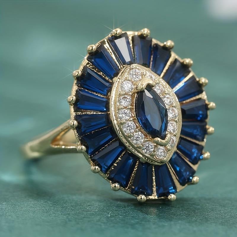 Retro Luxury Blue Color Inlaid Zircon Oval Women's Ring, Fashionable and Trendy Holiday Party Accessories Jewelry Gifts