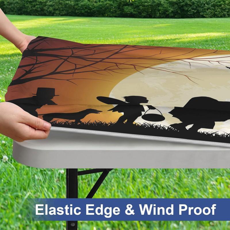 Halloween Table Cover With Elastic Edge Waterproof Dustproof Square Tablecloth Dining Outdoor Picnic