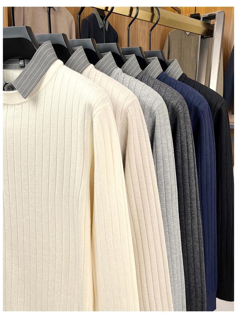 Men's Faux Two-Piece Autumn/Winter Knit Sweater with Shirt Collar - Casual Base Layer for Middle-Aged Dads