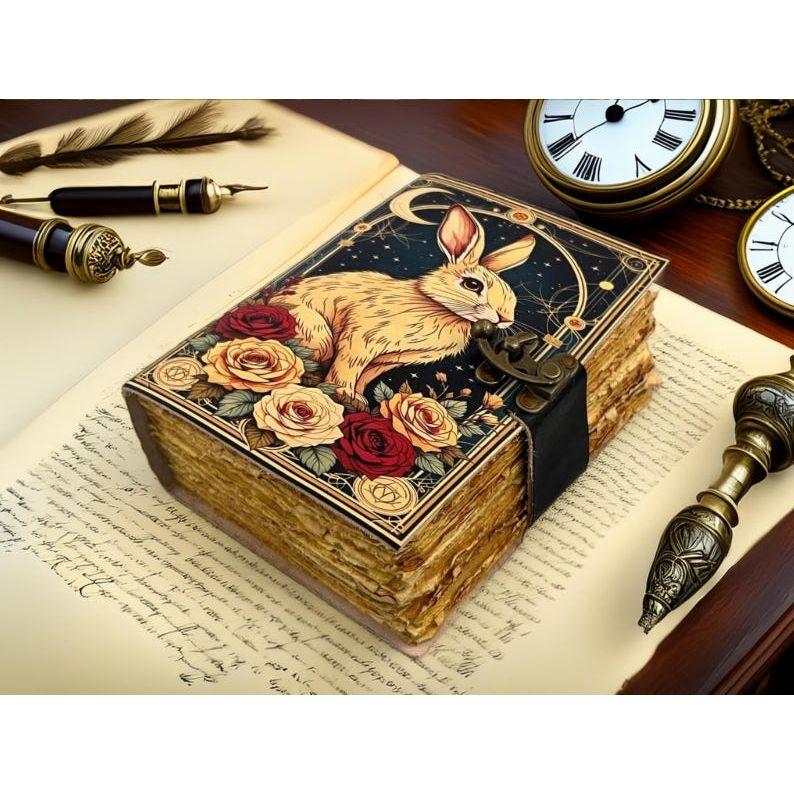 Handmade Leather Journal – Rabbit & Roses • Travel Diary / Sketchbook • Gift for Animal Lover