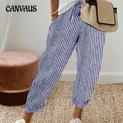 Pantaloni casual a righe da donna estivi, larghi, con elastico in vita