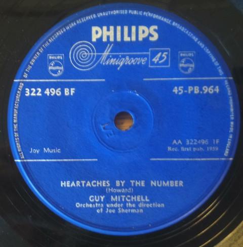 

7inch Record GUY MITCHELL Heartaches By The Number 45PB964 PHILIPS 1959 UK CountryFolk Used