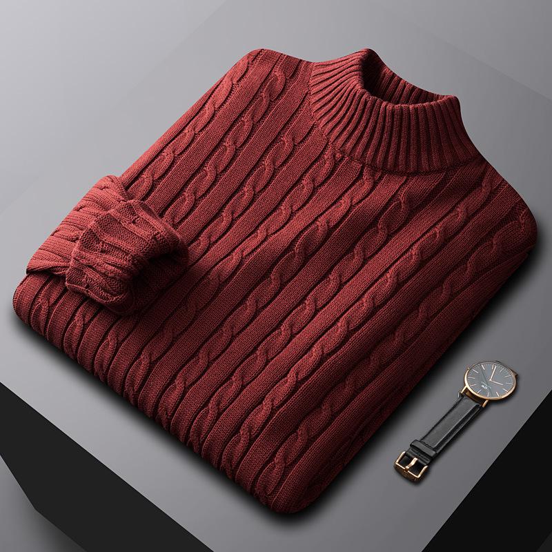 Men's Luxury All-Cotton Knitted Pullover - Thick, Solid Color, Velvet-Lined Cable Knit for Autumn and Winter