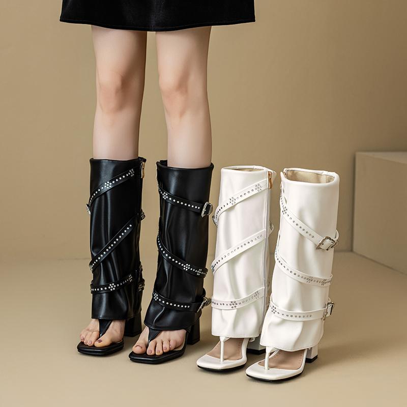 Plus Size Roman Clip Toe High Tube Women's Cool Boots Thin Strap Decal Belt Buckle Zipper Ultra Thick Heel Hollow Sexy Sandals