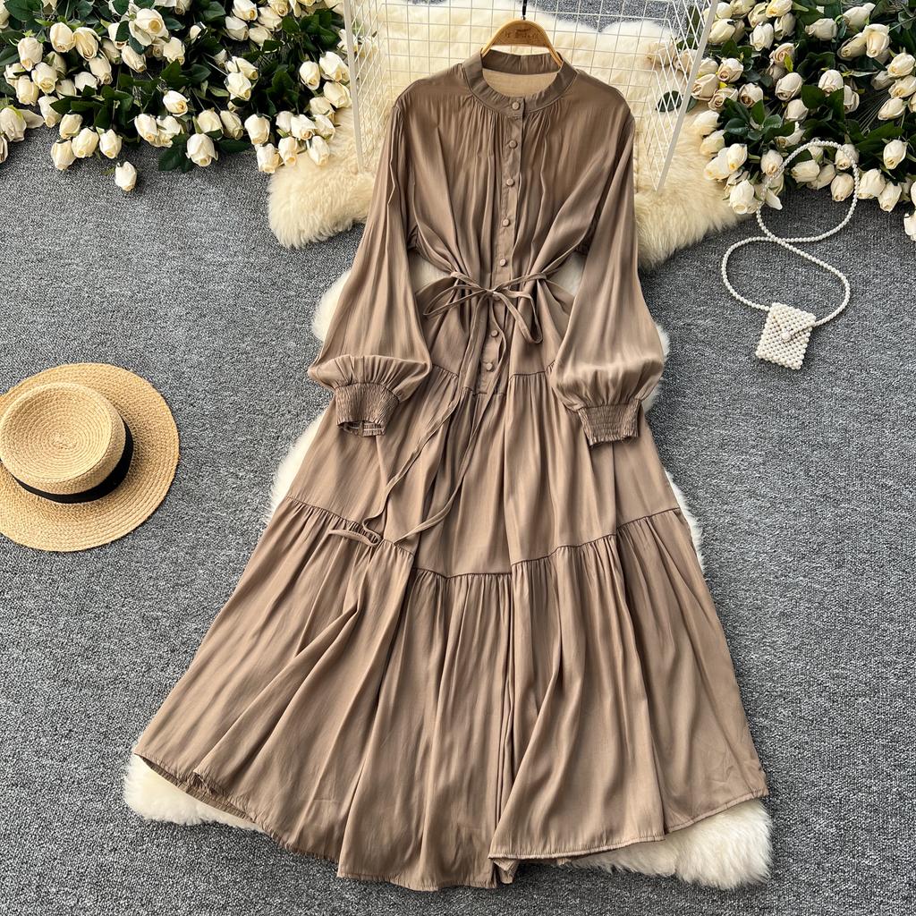 Frenchic Vintage Maxi Dress Women Stand Collar Lantern Sleeve Lace-up Female A-line Elegant Dresses Spring Autumn