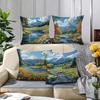 Ensemble de 4 taies d'oreiller, thème nature avec des motifs de rivières, de fleurs, d'arbres et de montagnes, garniture non incluse