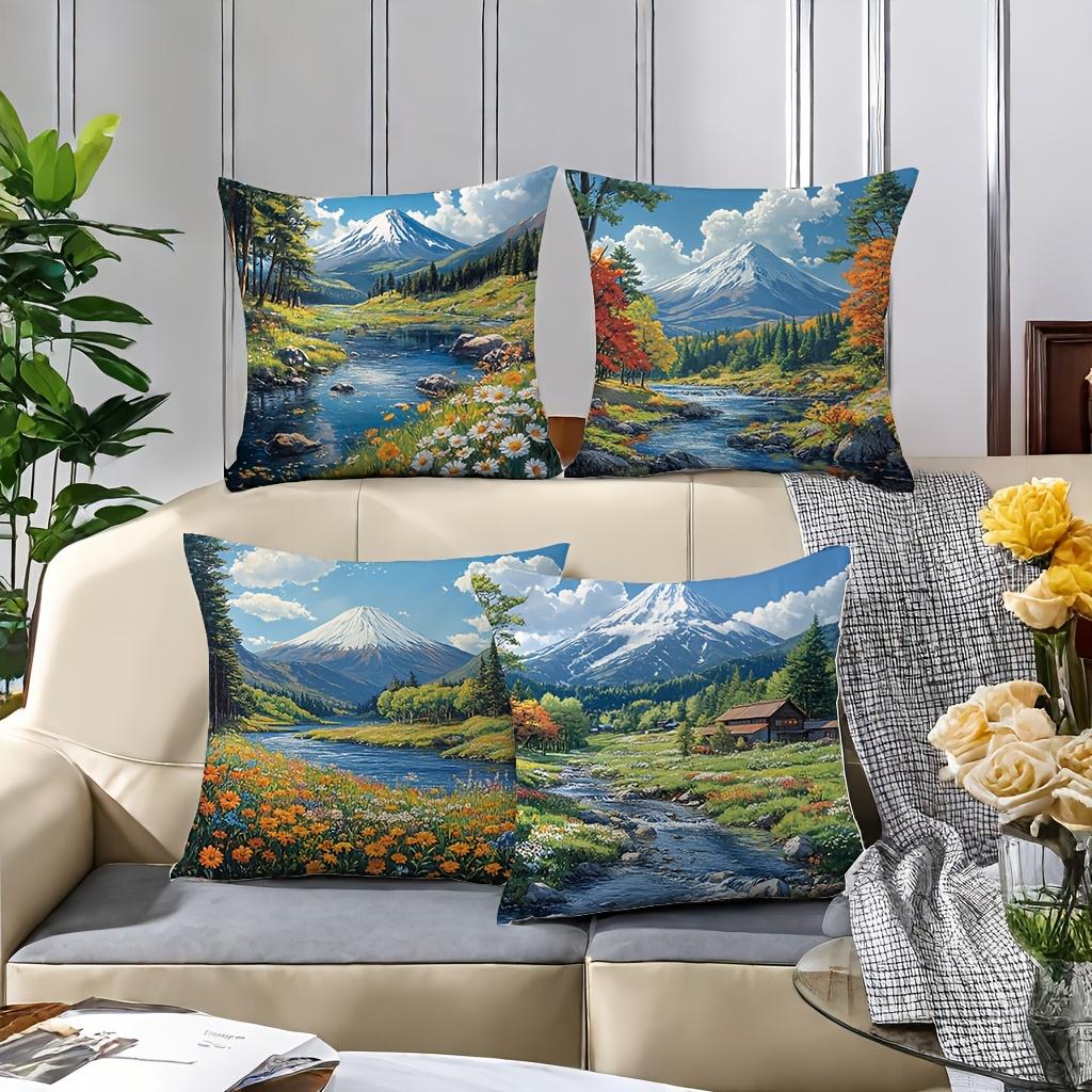 Ensemble de 4 taies d'oreiller, thème nature avec des motifs de rivières, de fleurs, d'arbres et de montagnes, garniture non incluse